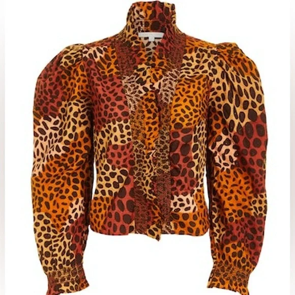 Love The Label Anthropologie Zuri Top Dotted Leopard Ruffle Button Shirt L - Picture 8 of 15